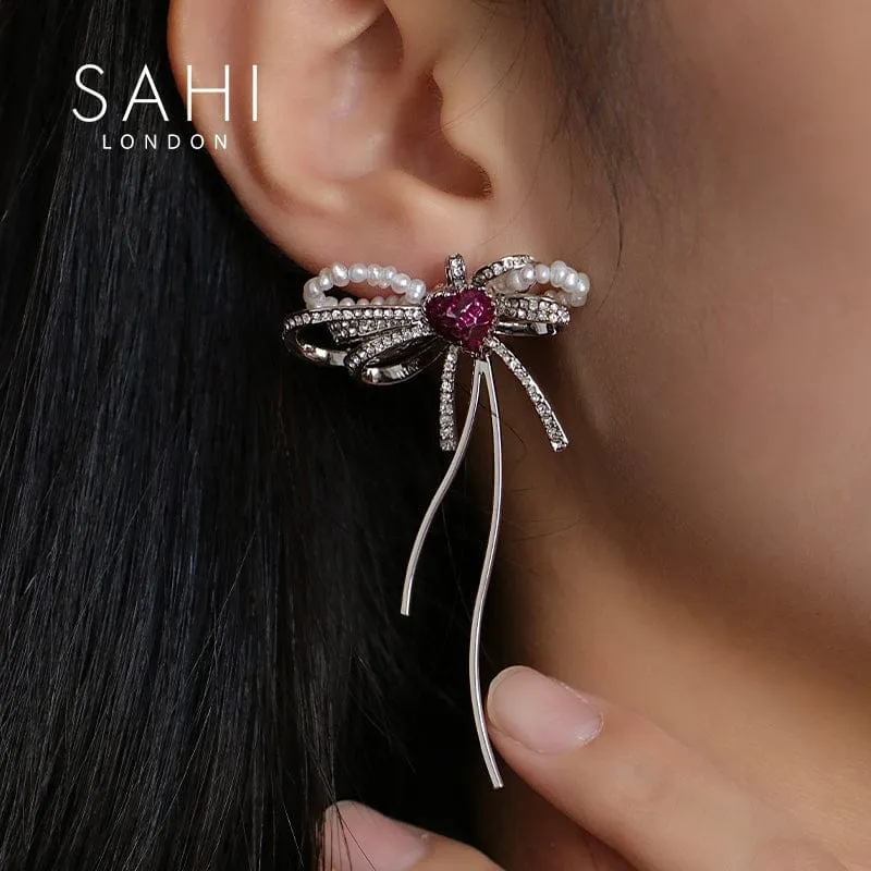 Sahi Love Heart Enamel Bow Stud Drop Earrings