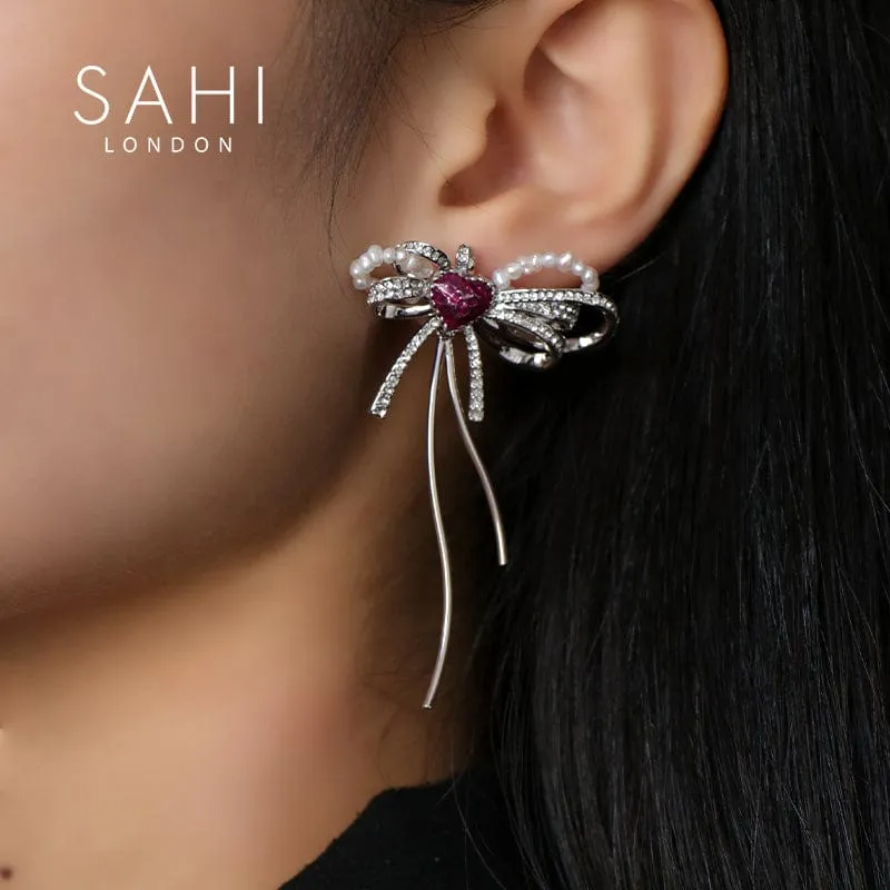 Sahi Love Heart Enamel Bow Stud Drop Earrings