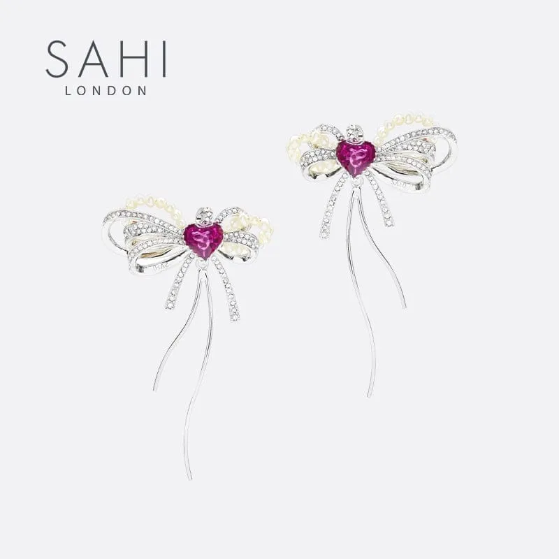 Sahi Love Heart Enamel Bow Stud Drop Earrings