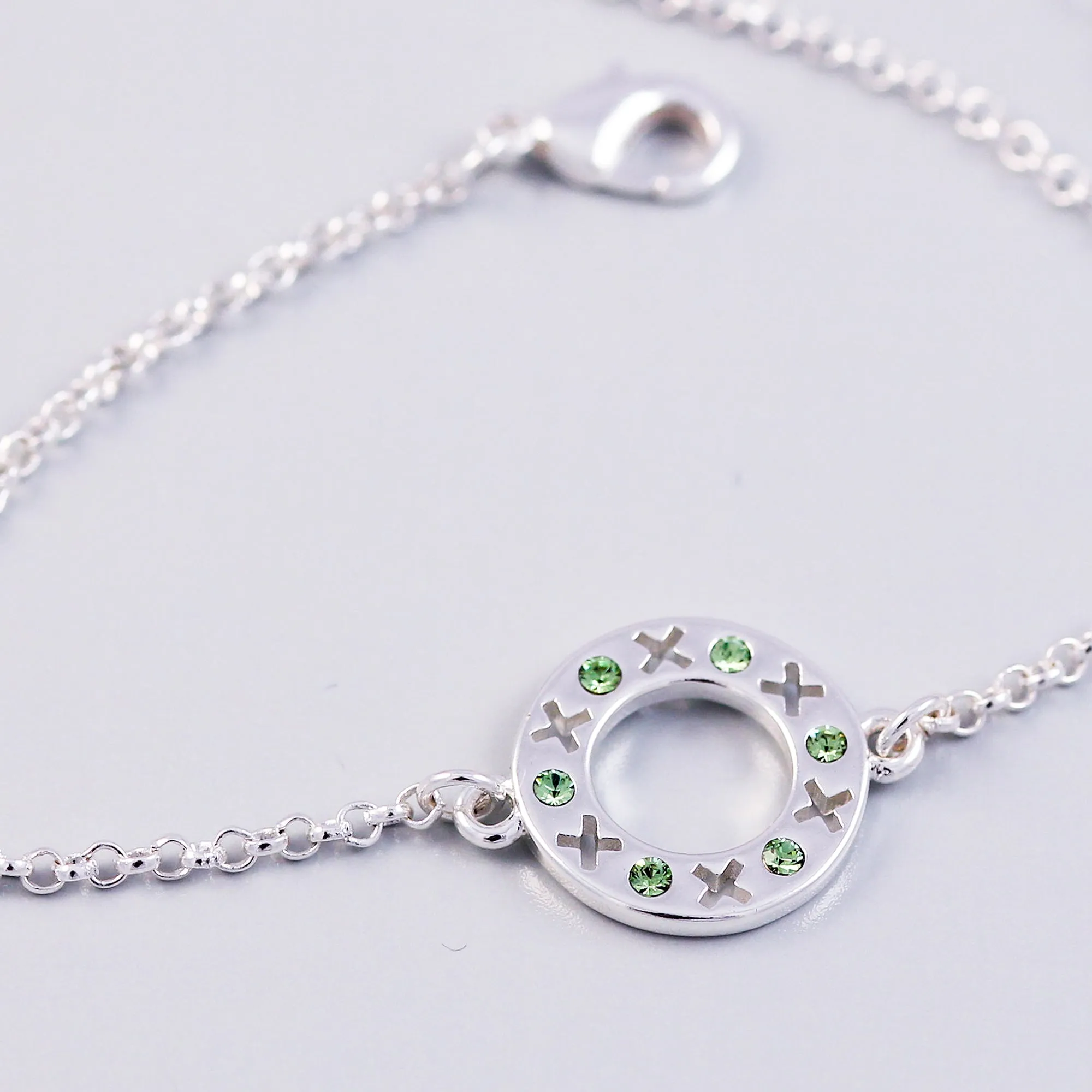 Silver Peridot August Birthstone XOXO Circle Bracelet