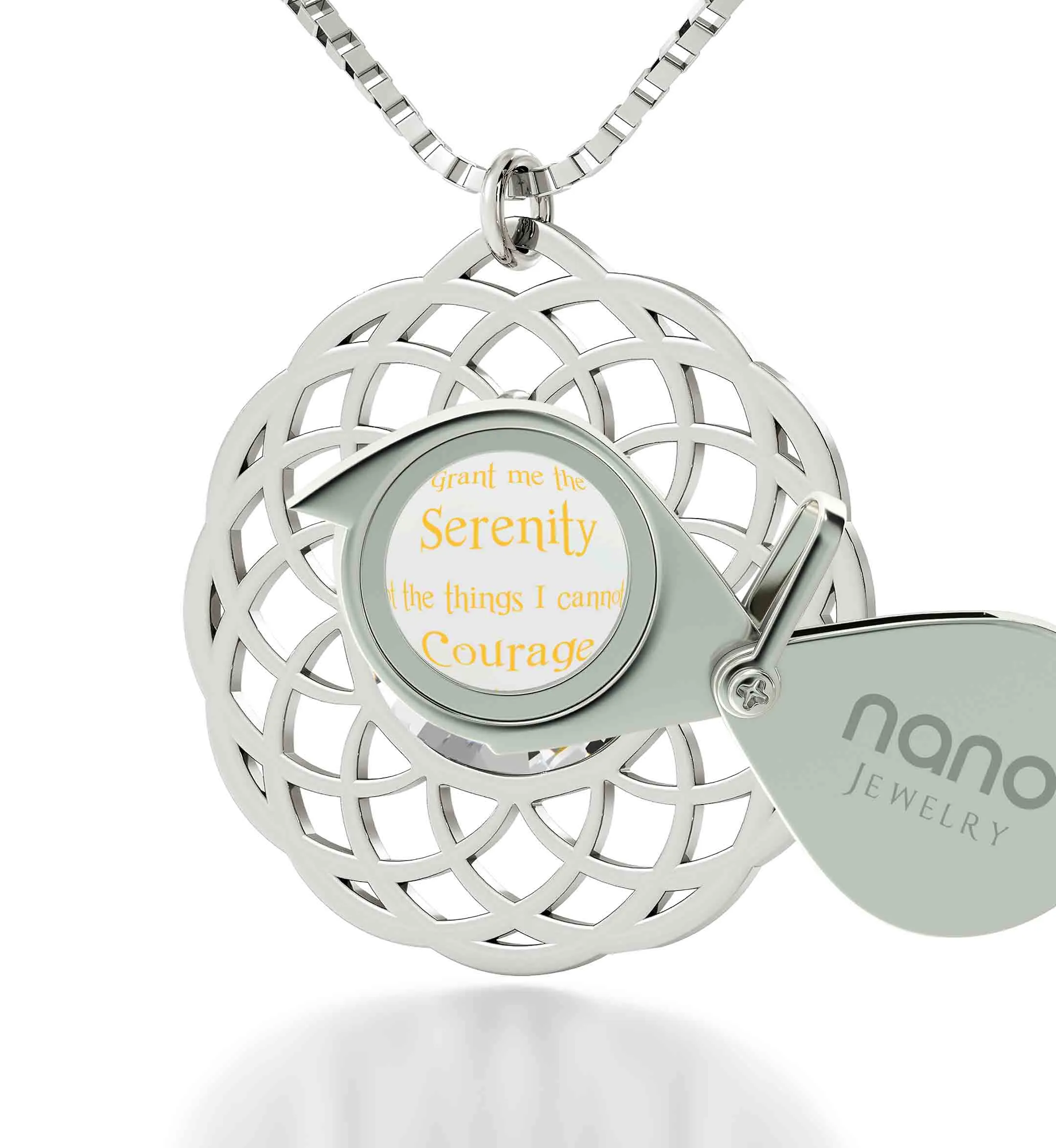 Silver Serenity Prayer Necklace Mandala Pendant Inscribed in 24k Gold