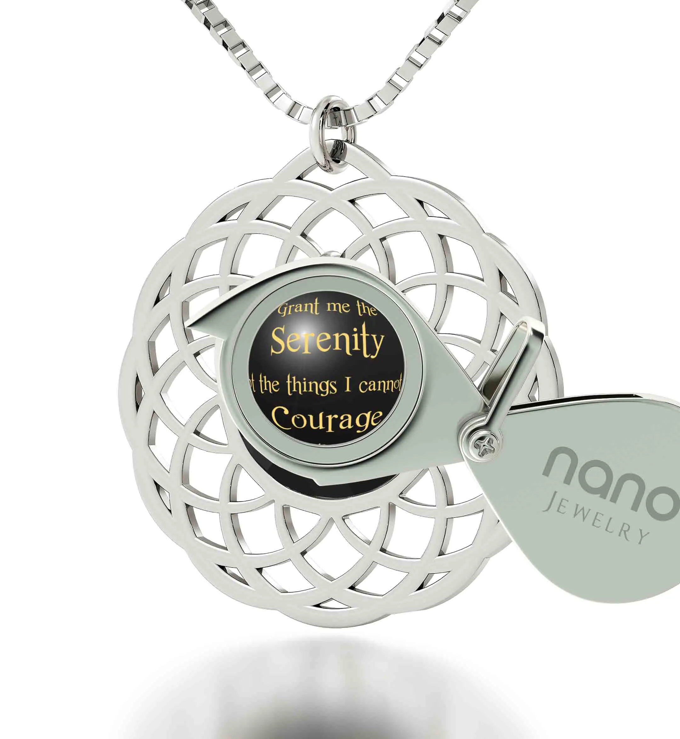 Silver Serenity Prayer Necklace Mandala Pendant Inscribed in 24k Gold