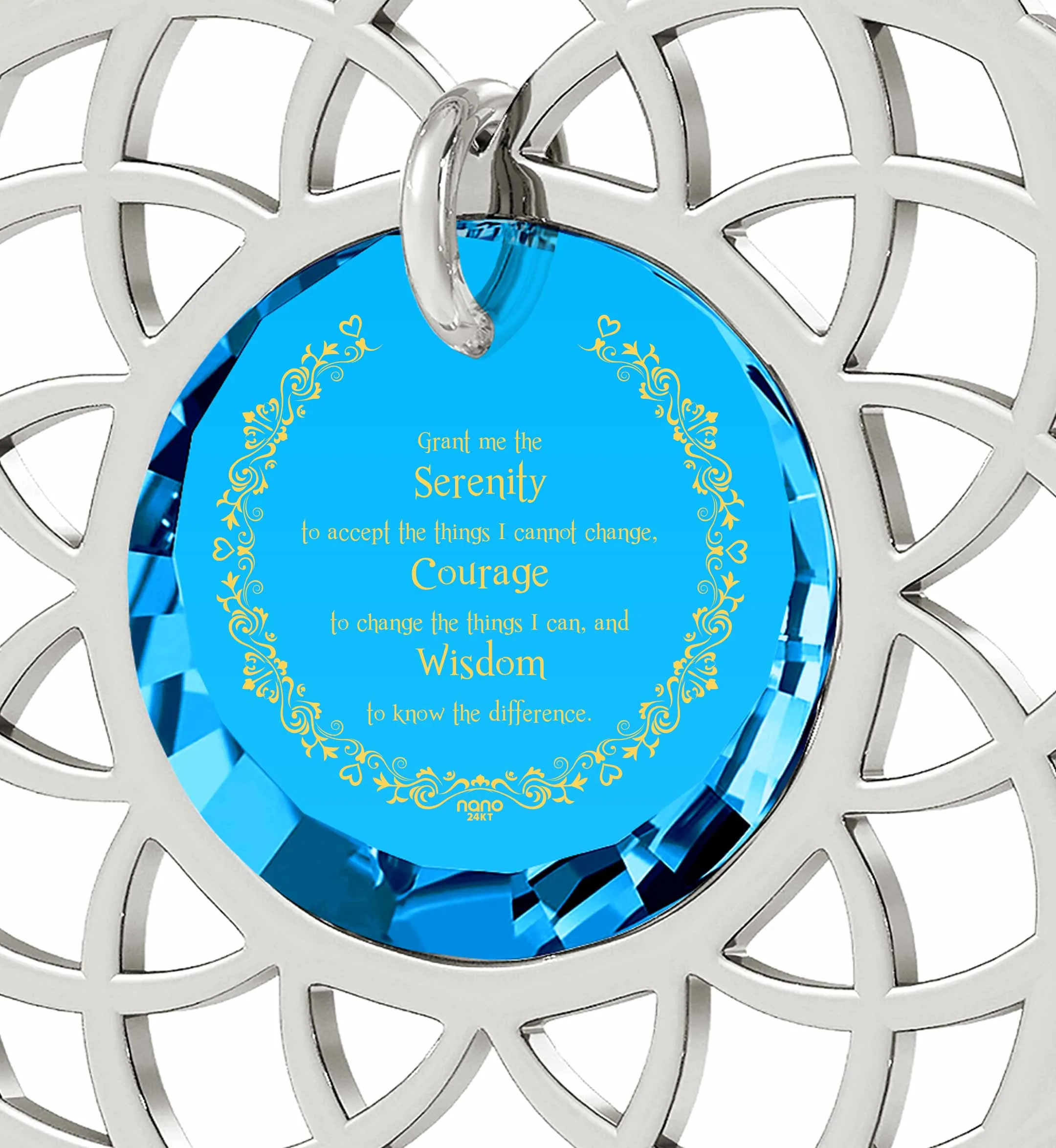 Silver Serenity Prayer Necklace Mandala Pendant Inscribed in 24k Gold