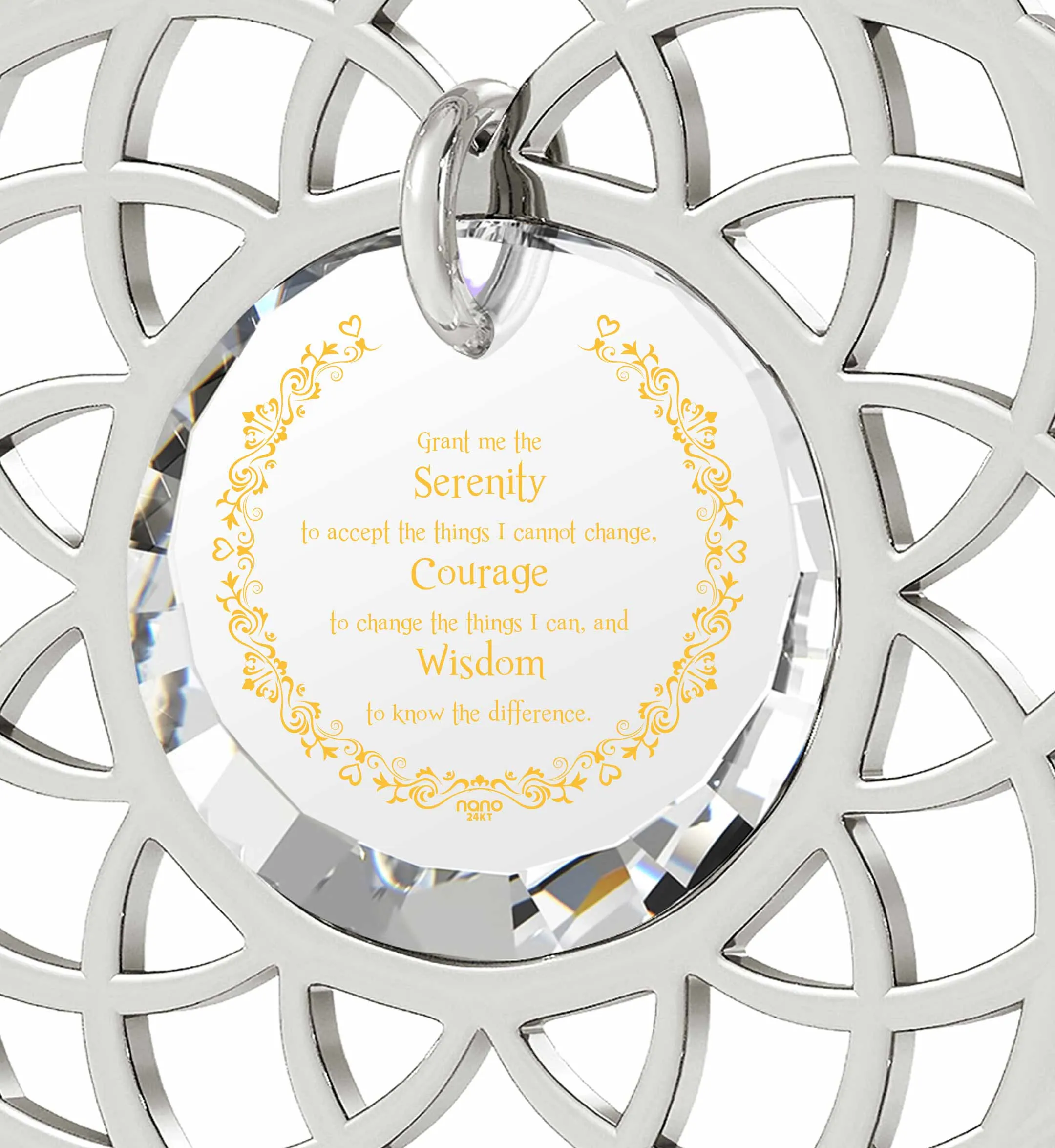 Silver Serenity Prayer Necklace Mandala Pendant Inscribed in 24k Gold