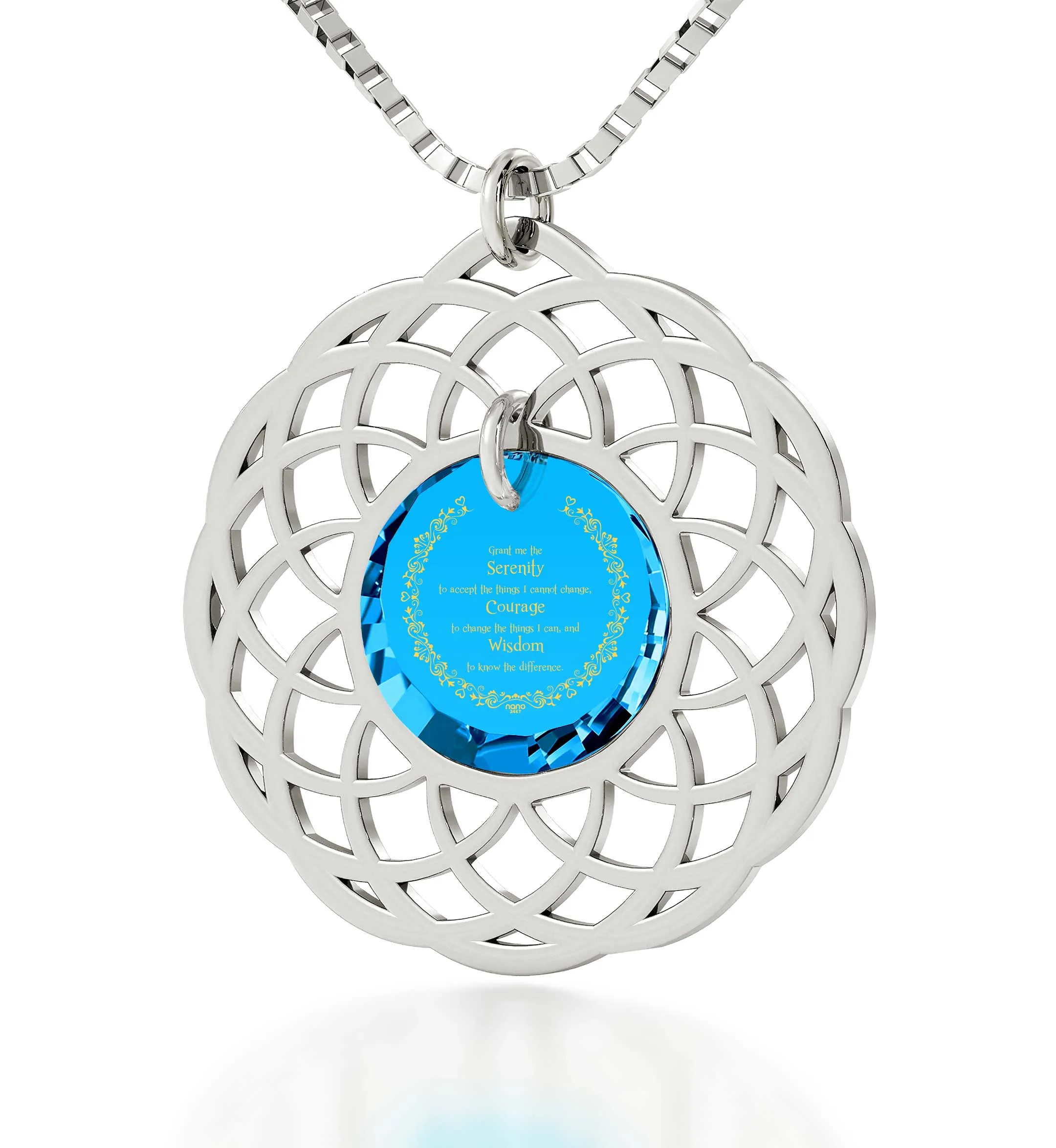 Silver Serenity Prayer Necklace Mandala Pendant Inscribed in 24k Gold