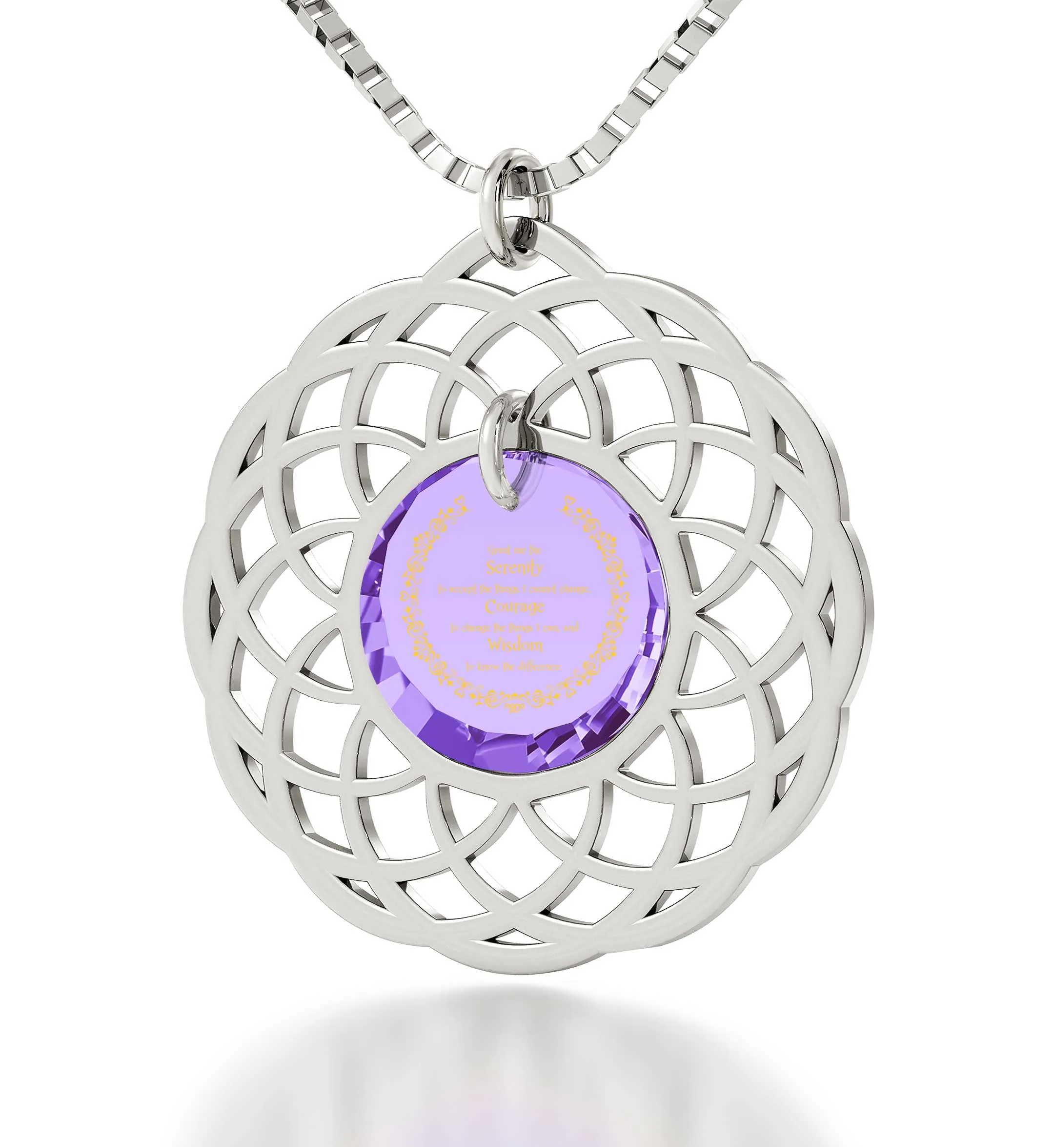 Silver Serenity Prayer Necklace Mandala Pendant Inscribed in 24k Gold