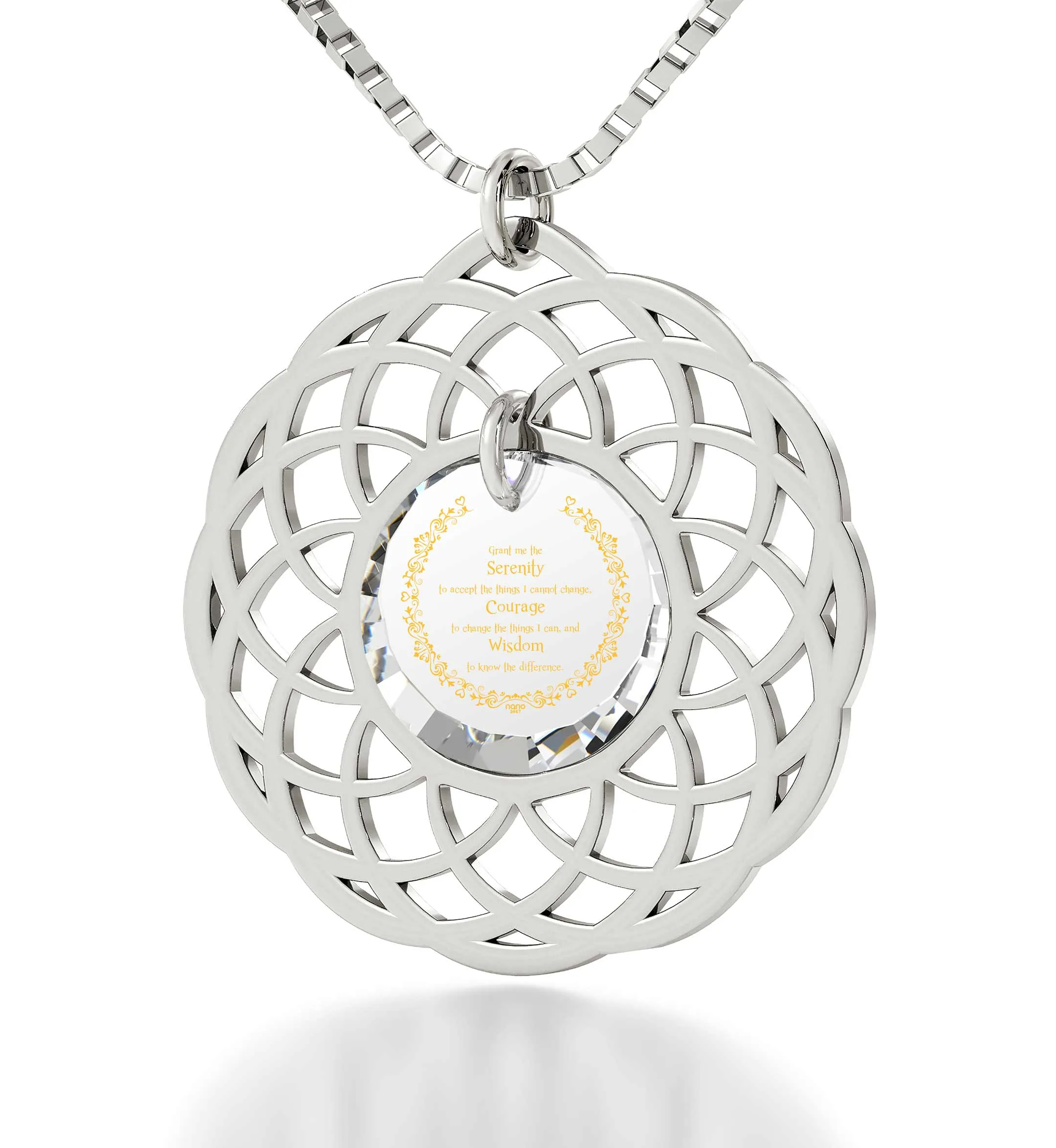 Silver Serenity Prayer Necklace Mandala Pendant Inscribed in 24k Gold