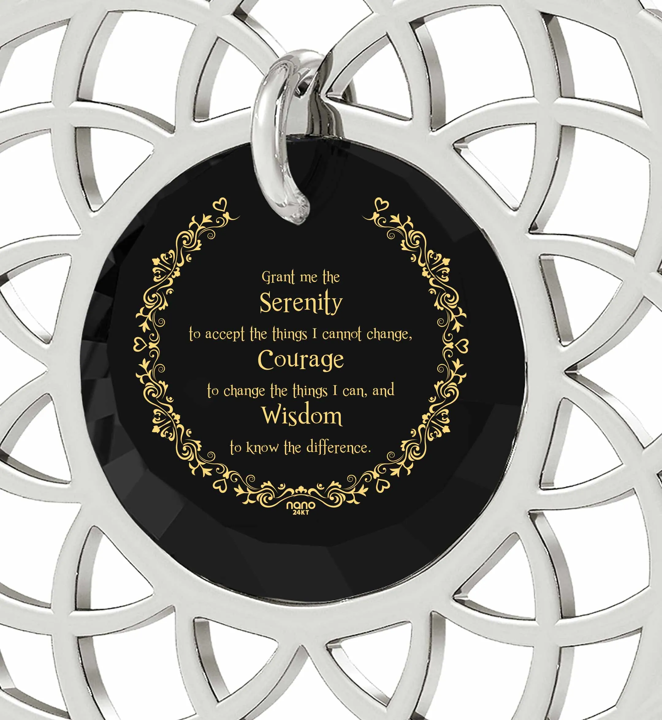 Silver Serenity Prayer Necklace Mandala Pendant Inscribed in 24k Gold