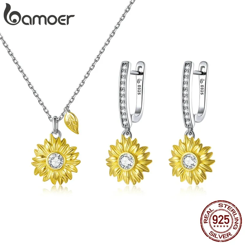 Silver Sunflower Jewelry Set 925 Sterling Silver Gold Color Lucky Necklace Earring Gift for Women Fashion .