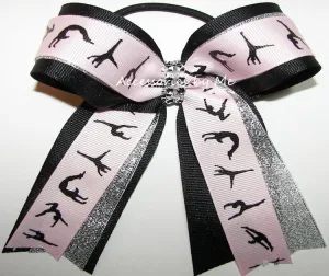 Sparkly Gymnastics Pink Black Silver Ponytail Bow