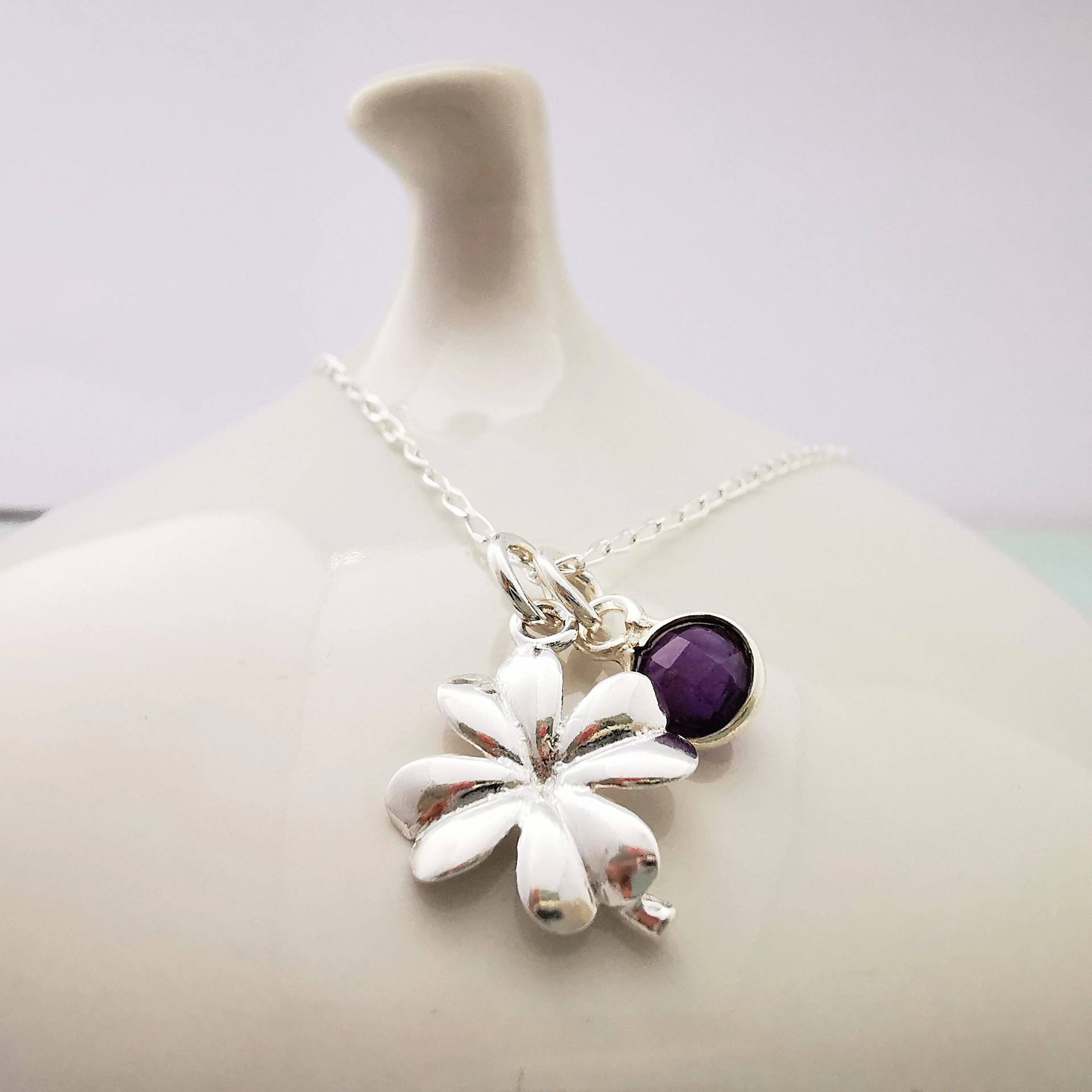 Sterling Silver Clover and Gemstone Pendant Necklace