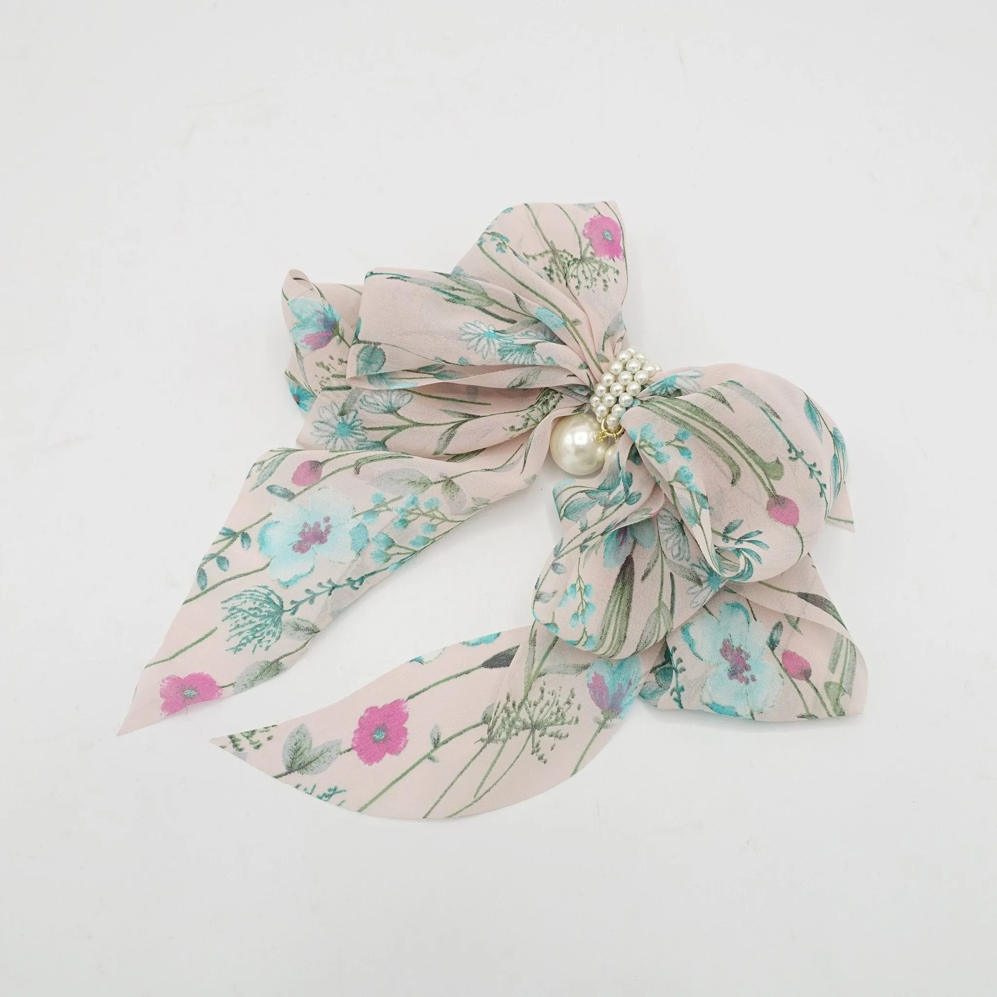 thin flower print bow droopy tail blue floral pattern hair bow barrette