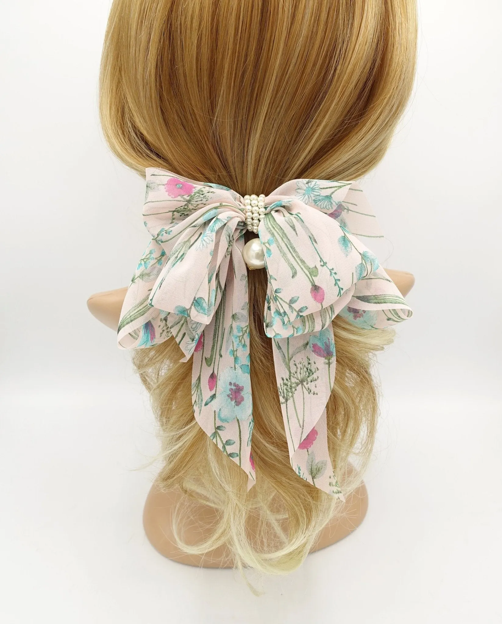 thin flower print bow droopy tail blue floral pattern hair bow barrette