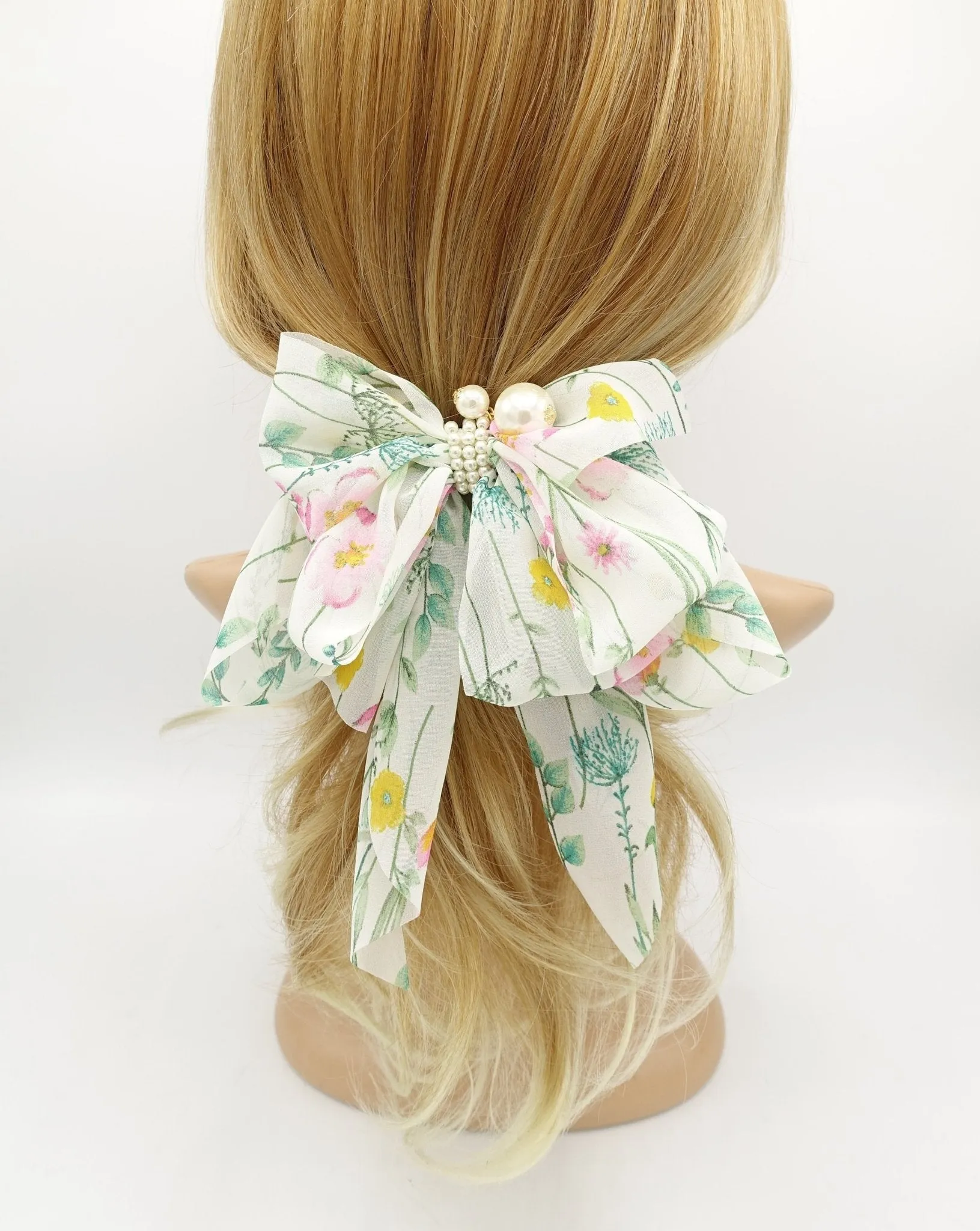 thin flower print bow droopy tail blue floral pattern hair bow barrette