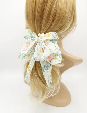 thin flower print bow droopy tail blue floral pattern hair bow barrette