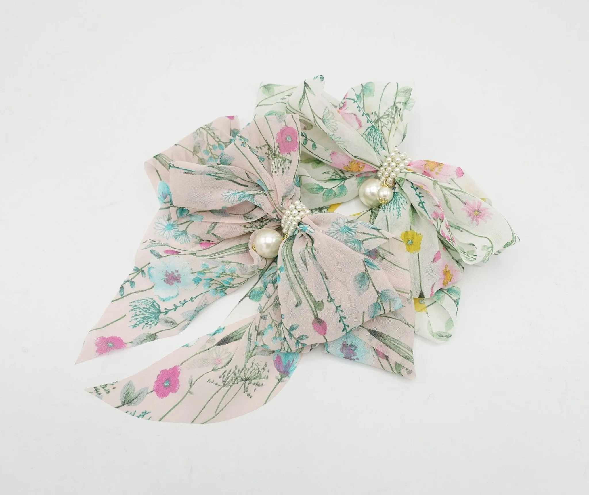 thin flower print bow droopy tail blue floral pattern hair bow barrette