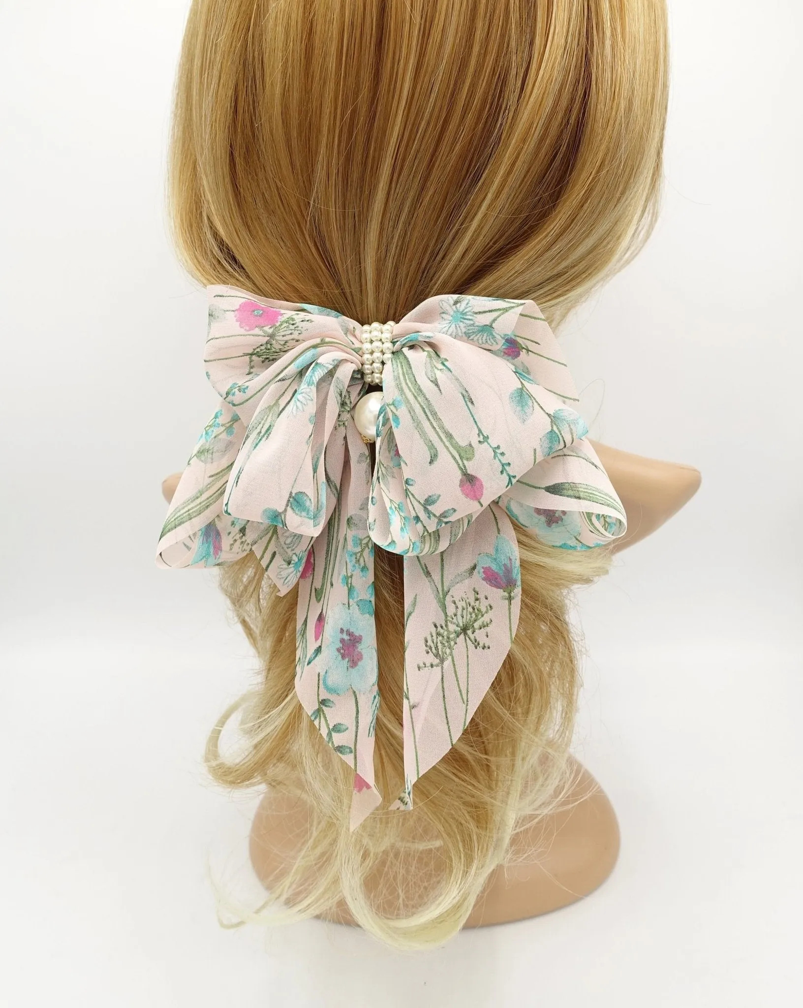 thin flower print bow droopy tail blue floral pattern hair bow barrette