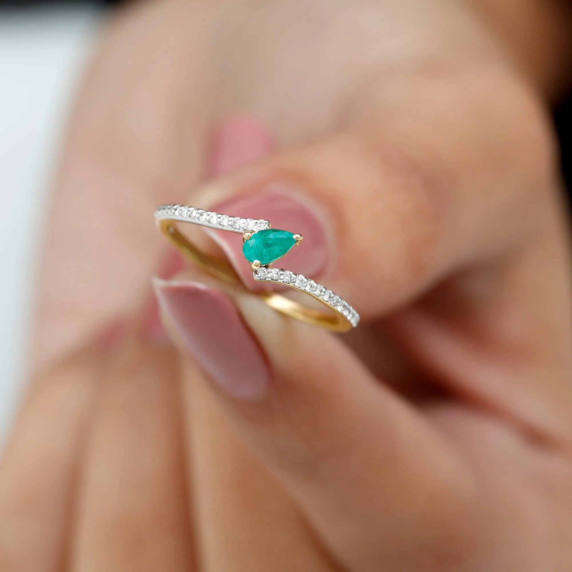 Tilted Pear Cut Solitaire Emerald Bypass Promise Ring with Diamond