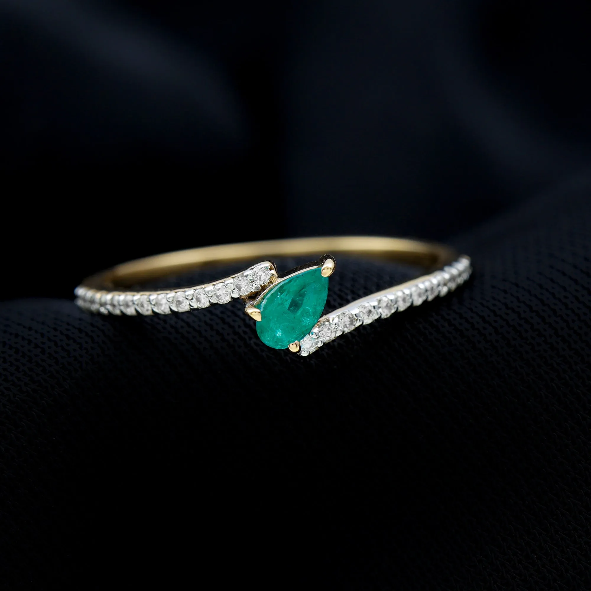 Tilted Pear Cut Solitaire Emerald Bypass Promise Ring with Diamond