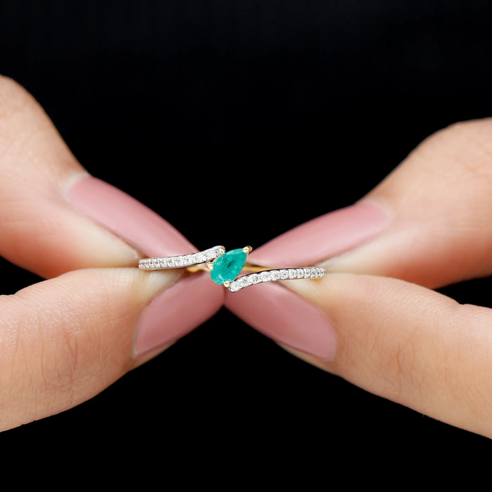 Tilted Pear Cut Solitaire Emerald Bypass Promise Ring with Diamond