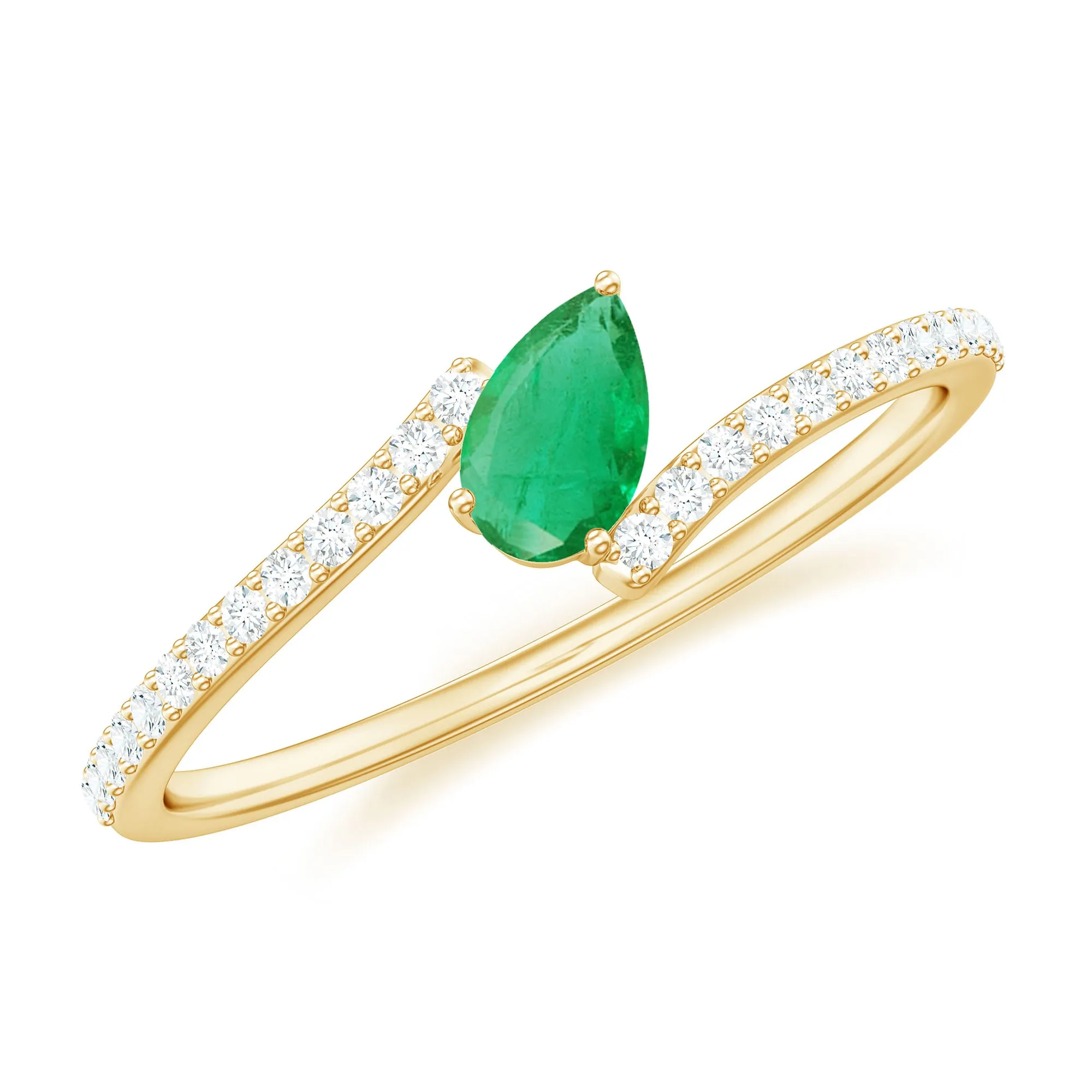 Tilted Pear Cut Solitaire Emerald Bypass Promise Ring with Diamond