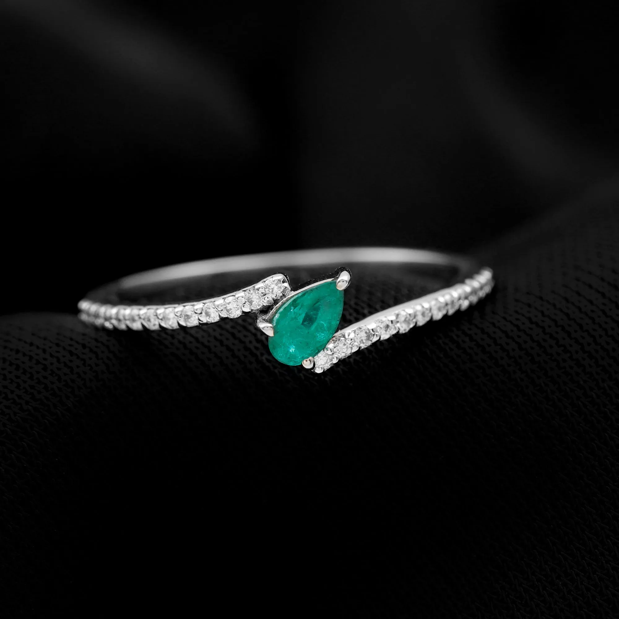 Tilted Pear Cut Solitaire Emerald Bypass Promise Ring with Diamond