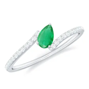 Tilted Pear Cut Solitaire Emerald Bypass Promise Ring with Diamond