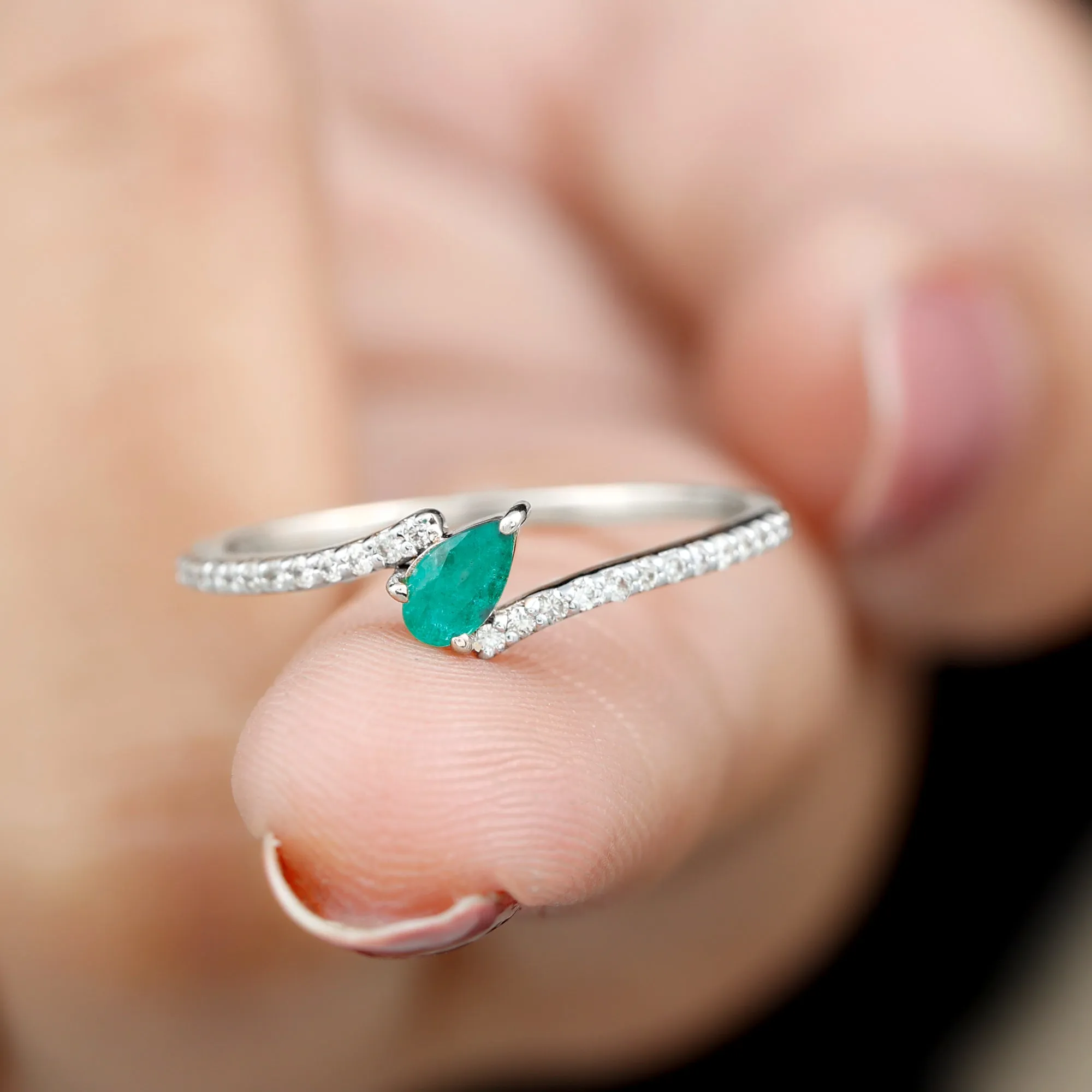 Tilted Pear Cut Solitaire Emerald Bypass Promise Ring with Diamond