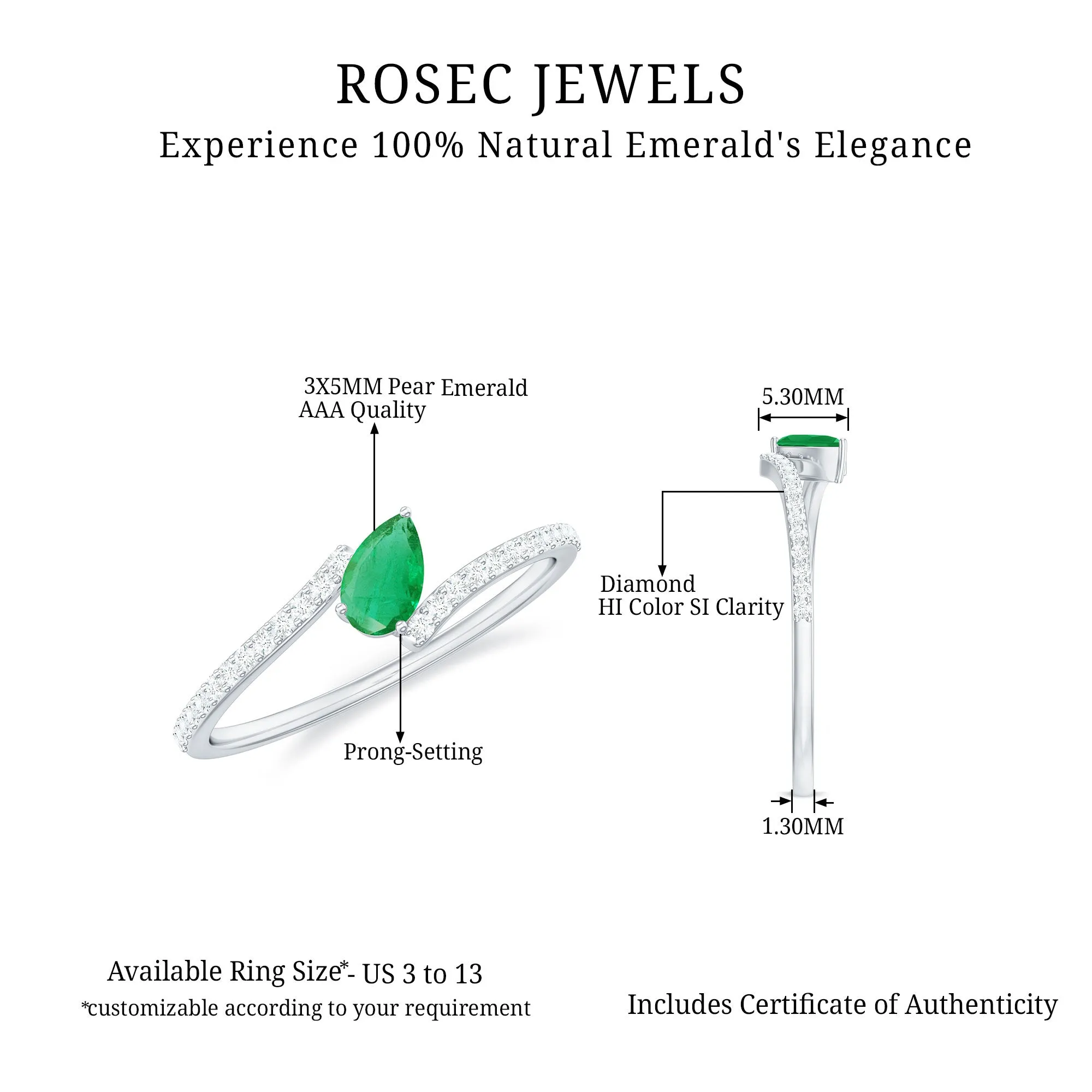 Tilted Pear Cut Solitaire Emerald Bypass Promise Ring with Diamond