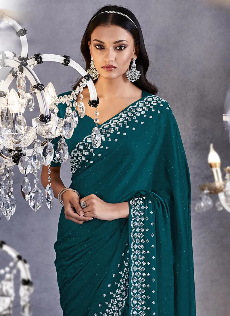 Turquoise Stone Work Embroidery Wedding Saree