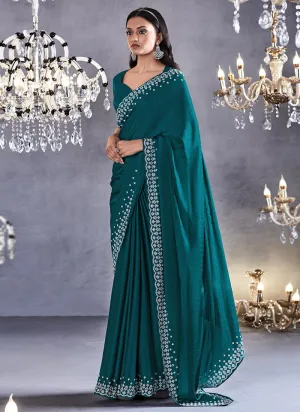 Turquoise Stone Work Embroidery Wedding Saree