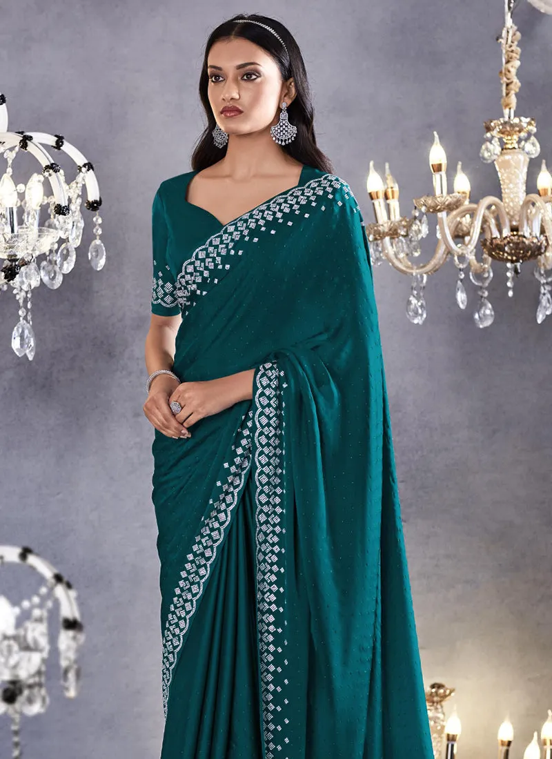 Turquoise Stone Work Embroidery Wedding Saree