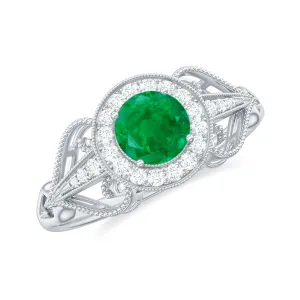 Vintage Inspired Emerald Engagement Ring with Diamond