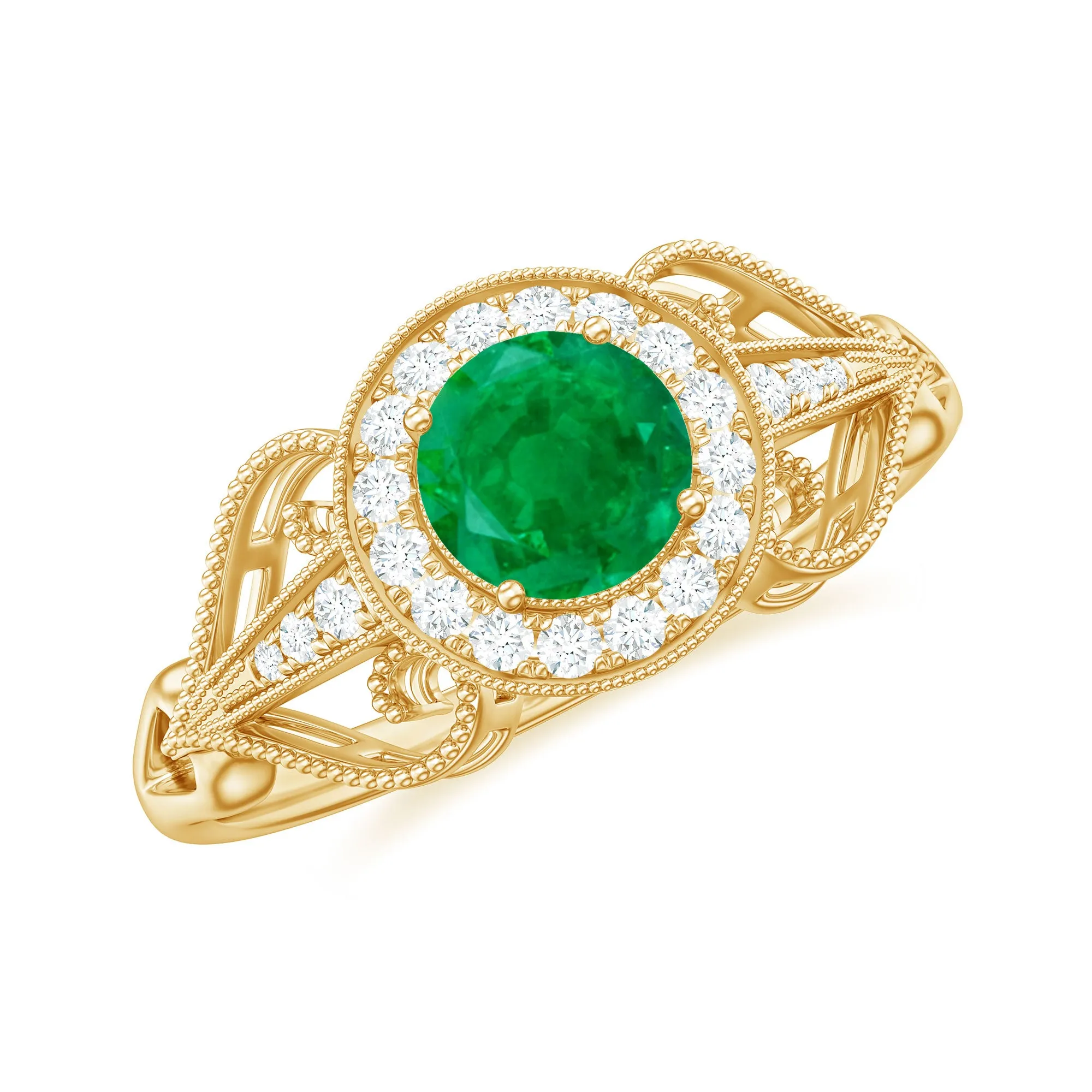 Vintage Inspired Emerald Engagement Ring with Diamond