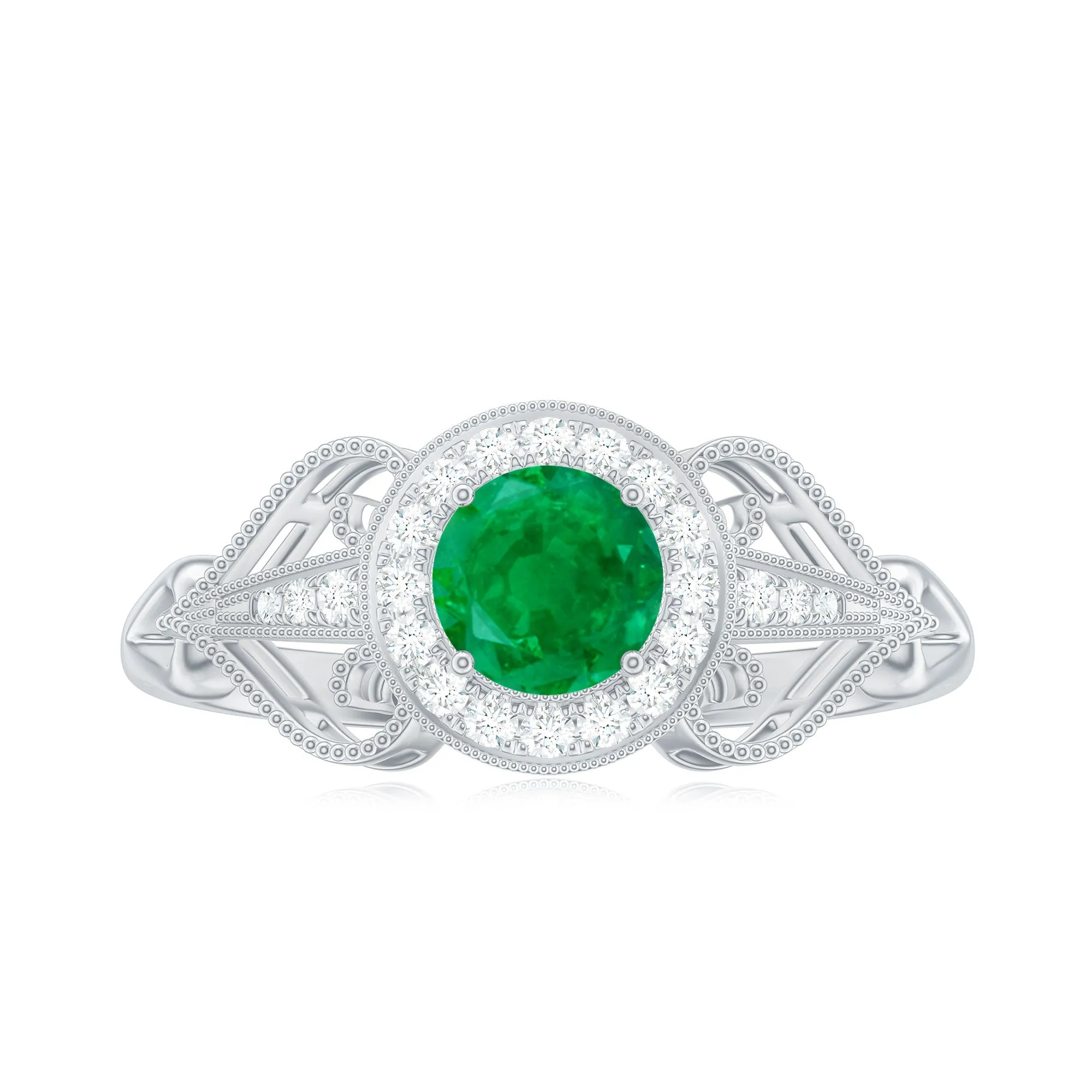 Vintage Inspired Emerald Engagement Ring with Diamond