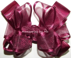 Wine Organza Satin Trim Hair Bow