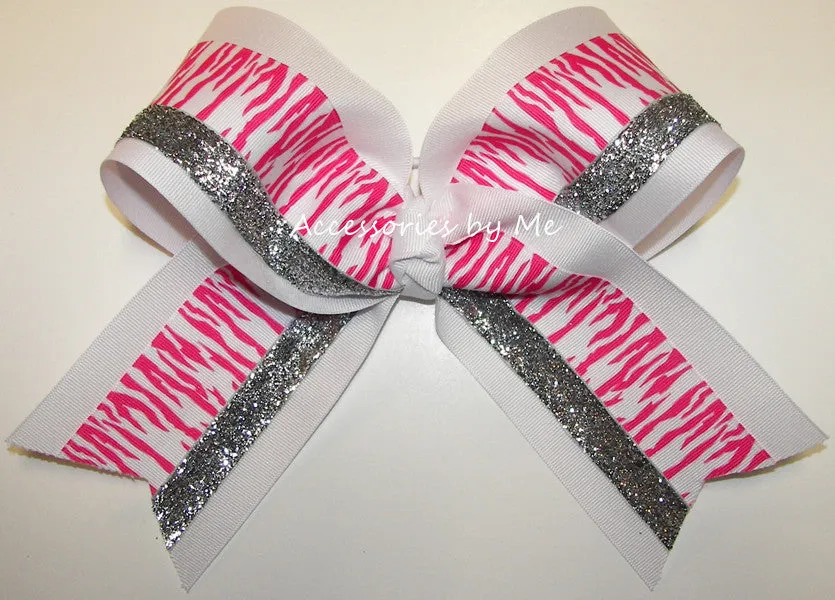 Zebra Hot Pink White Silver Cheer Bow