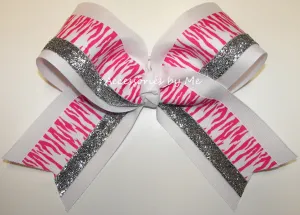 Zebra Hot Pink White Silver Cheer Bow